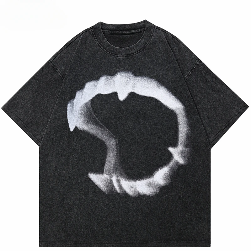 LE Washed T-Shirt Hip Hop Streetwear Men Animal Teeth Graphic T Shirt Retro  Unisex Cotton Tops Tees