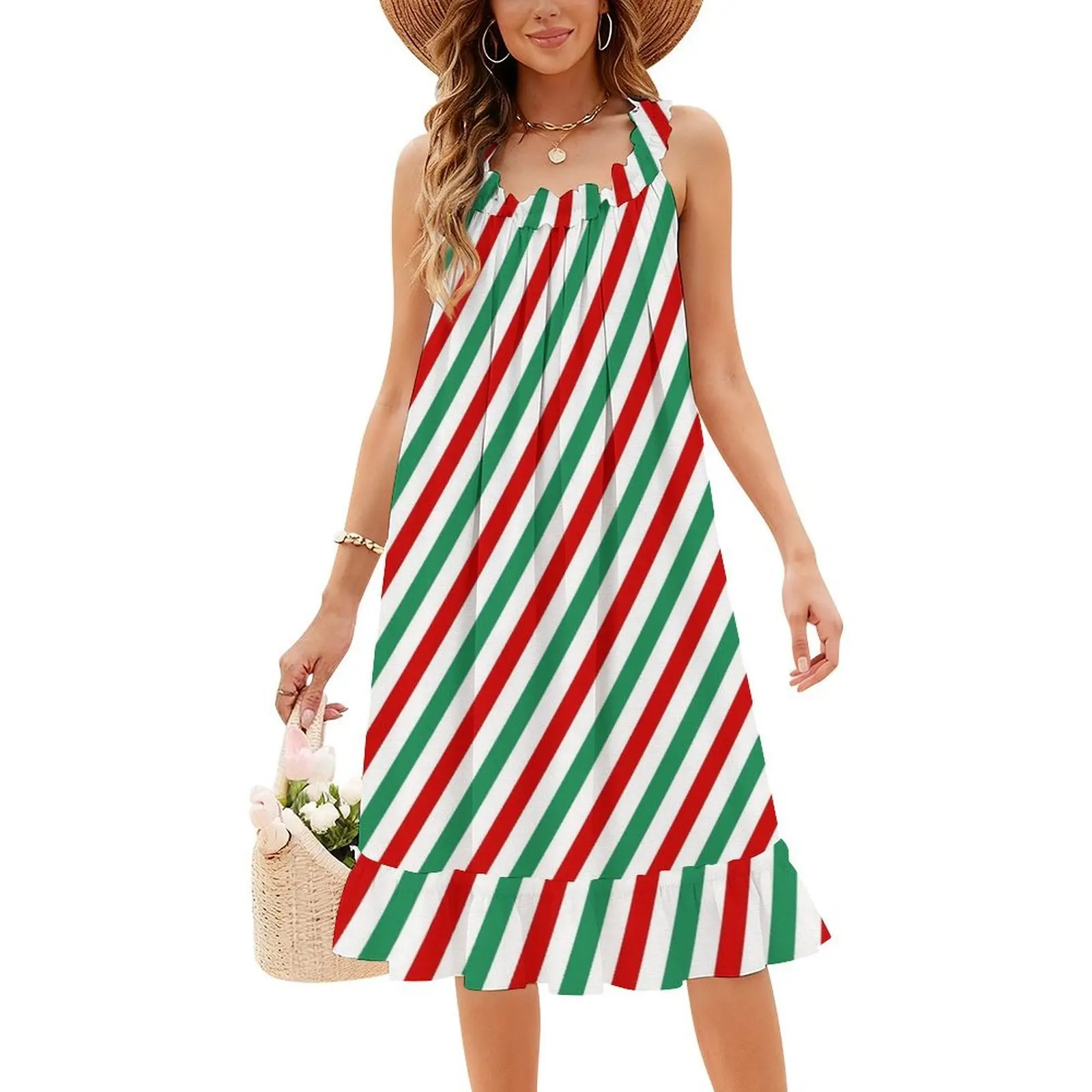 فستان حفلات نسائي من Candycane باللونين الأحمر والأخضر ملابس نادي مطبوعة عصرية للإناث Candycane Candy Christmas Red