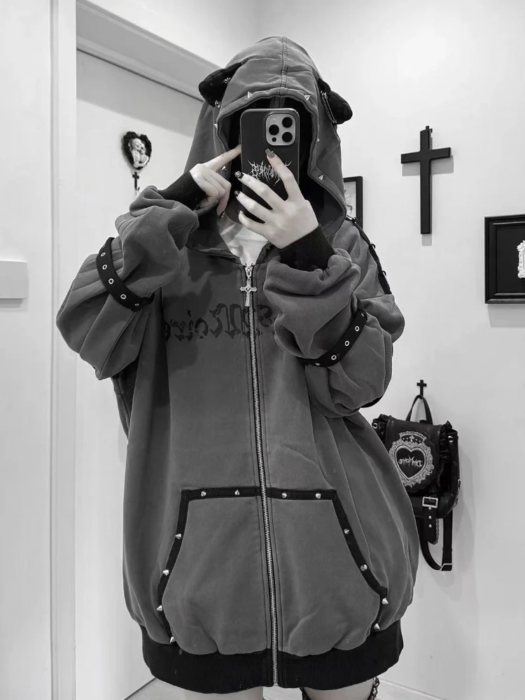 2000s Aesthetic Hooded Cross Cat Ear Subculture Y2k Punk Zipper Sweatshirt Jacket Harajuku Coat Female Loose Gothic Outerwear