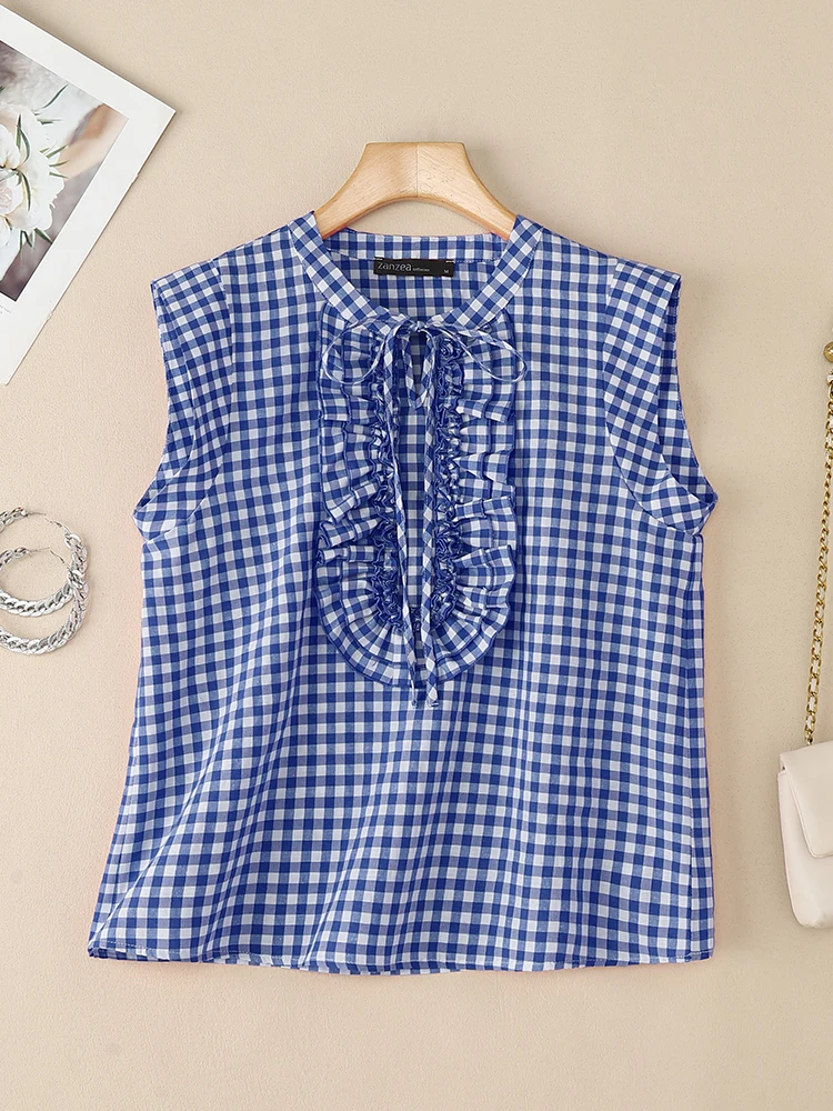 2025 ZANZEA été Blouse élégant élégant à volants chemise de travail femmes Plaid à carreaux hauts décontracté à manches courtes Blusas tunique Mujer