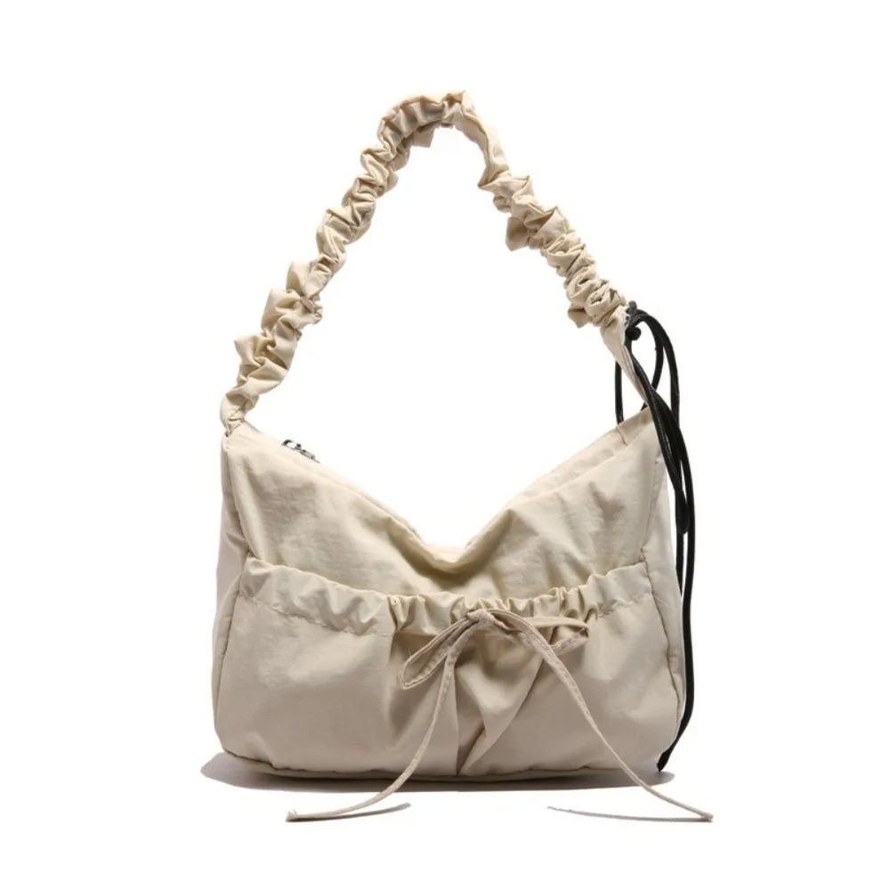 

Sweet Nylon Bow Pleated Bag Drawstring Solid Color Pleated Shoulder Bag Zipper Adjustable Women's Handbag Daily