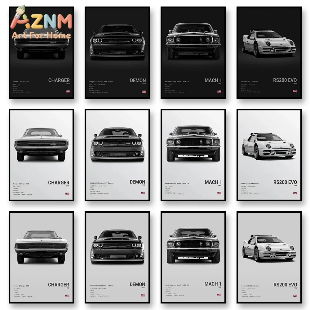 AZNM American Muscle Car Canvas Wall Art Dodge Charger Mustang Mach 1 Spec Poster Unframed Canvas Print for Garage Decor