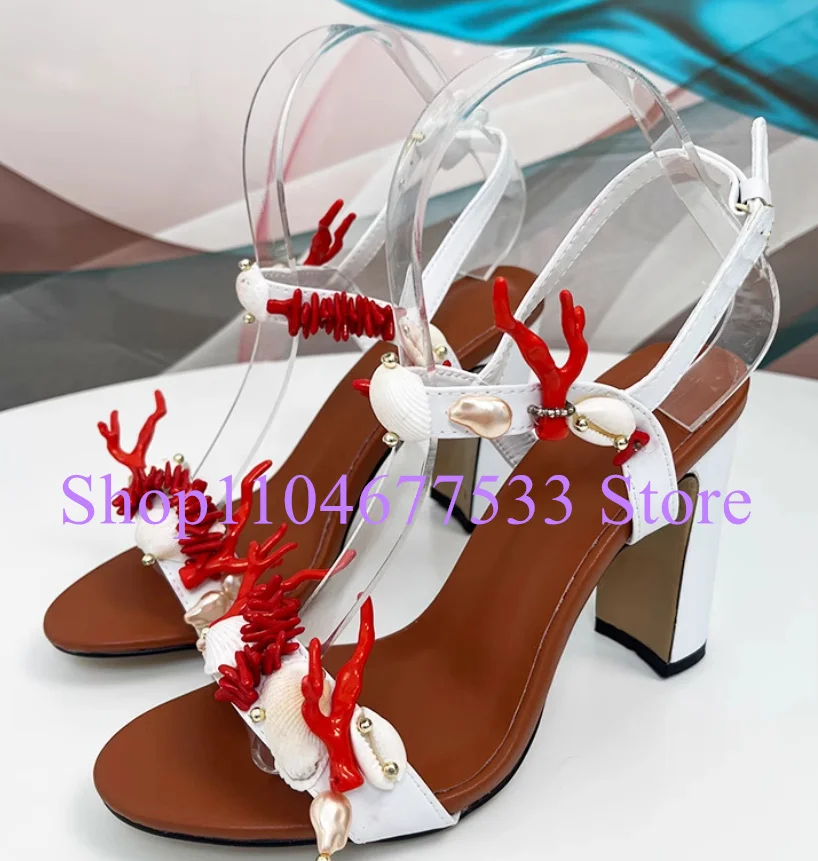 

New Shell Decor Lady Chunky Heel Sandals Fashion Design Woman Dress Sandals Shoes Female Sexy Party Dress High Heels Shoes