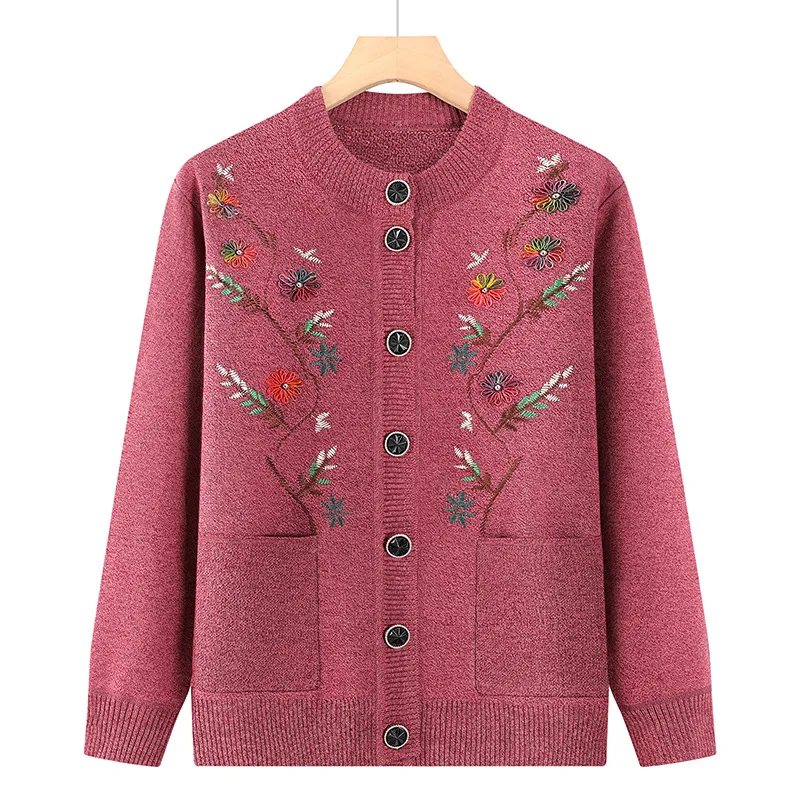 

Autumn Winter New Long Sleeved Women Sweater Fashion Casual Embroidered Middle-aged and Elderly Knitted Cardigan