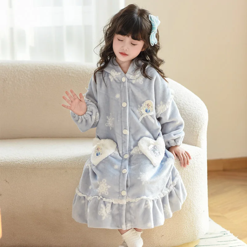 طقم ثوب نوم إلسا من الفلانيل، ملابس نوم الأميرة من الصوف المرجاني للفتيات والأطفال الصغار ملابس شتوية #2