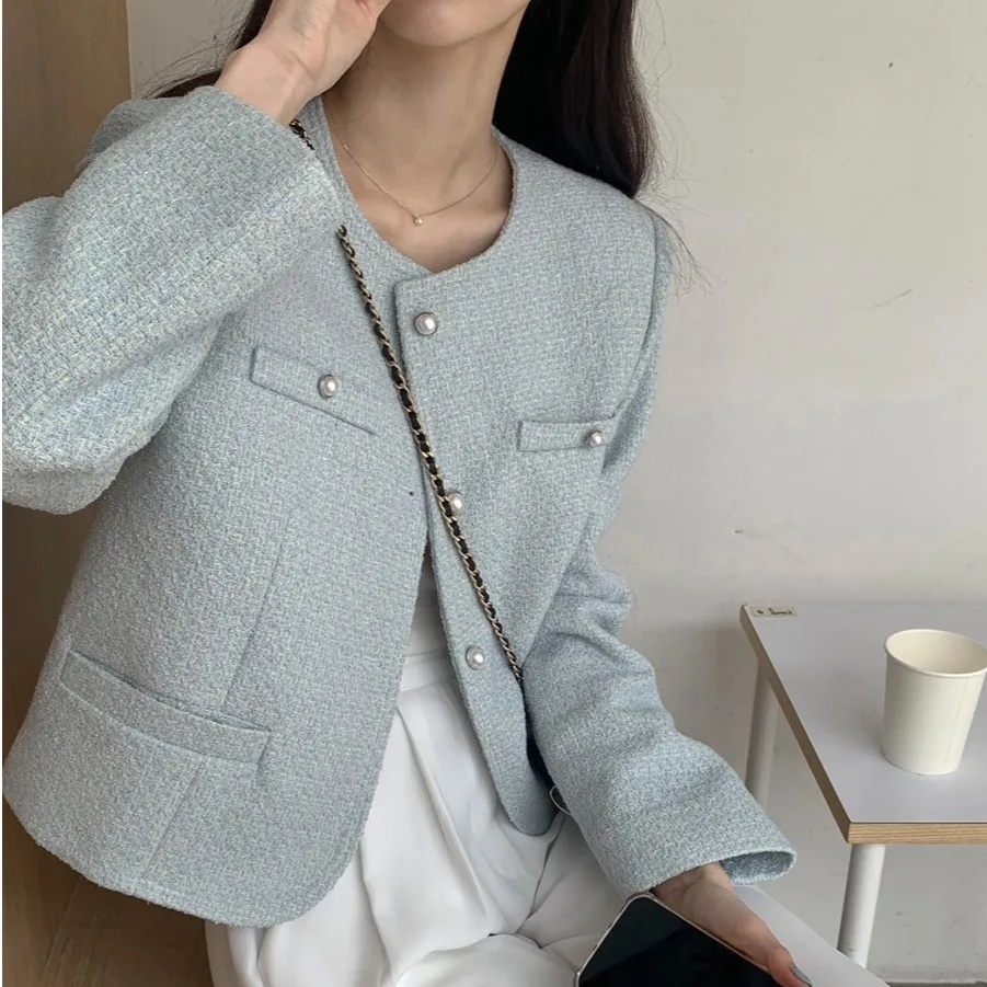 Korean Style Two-Tone Versatile Luxury Coarse Tweed Jacket Elegant Lady's Short Outerwear for Autumn Season