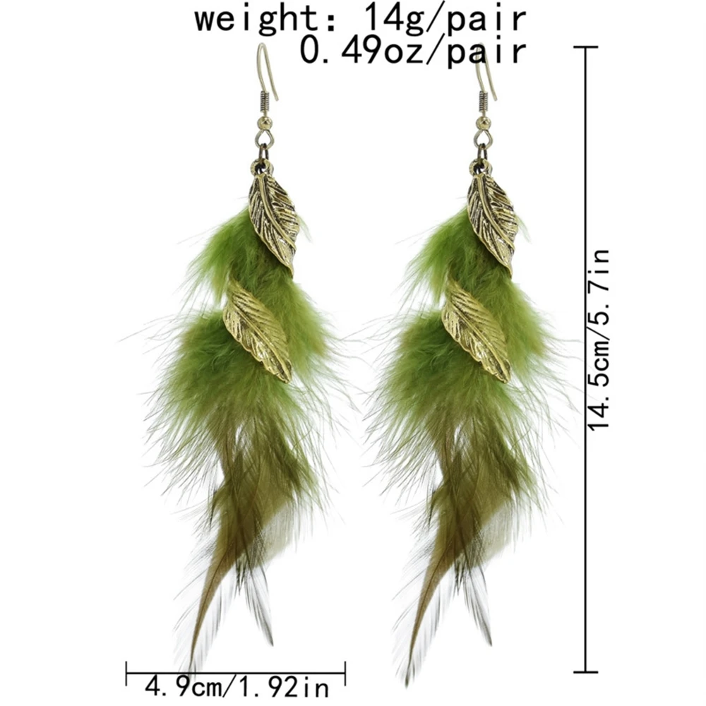 6-color Bohemian Long Feather Earrings Women Fashion Elegant Retro Leaf Feather Hangling Earrings Vacation Accessories