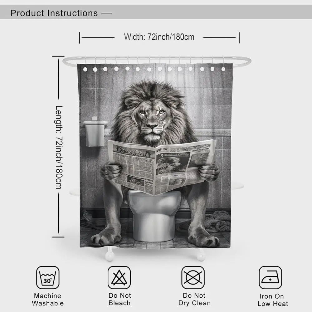 Funny Lion Shower Curtain, Humor Animal on Toilet Shower Curtains Set Curtains, Large Cat Man Grey Bathroom Curtain 72x72 inch