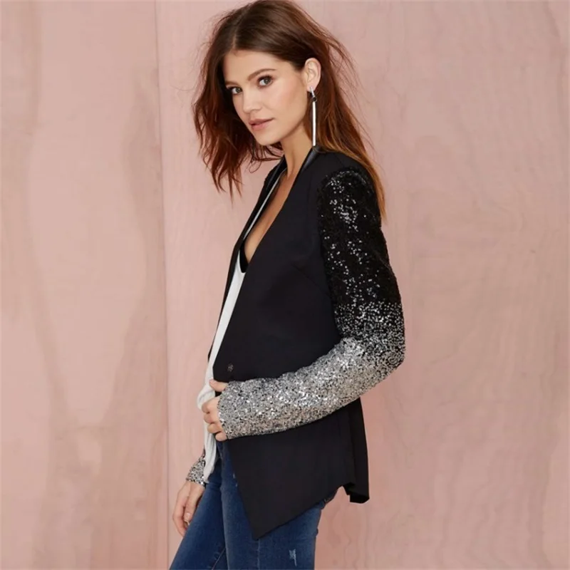 Women Suit Blazer Female Shiny Sequins Black Business Work Wear Jacket Casual Formal Office Lady Coat