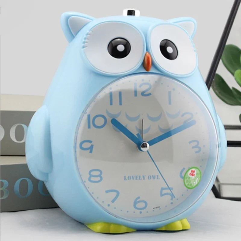 Réveil en métal pour enfants, mignon, dessin animé hibou, réveil, chambre à coucher, horloge de chevet, balayage silencieux, dessin animé brillant, sans batterie