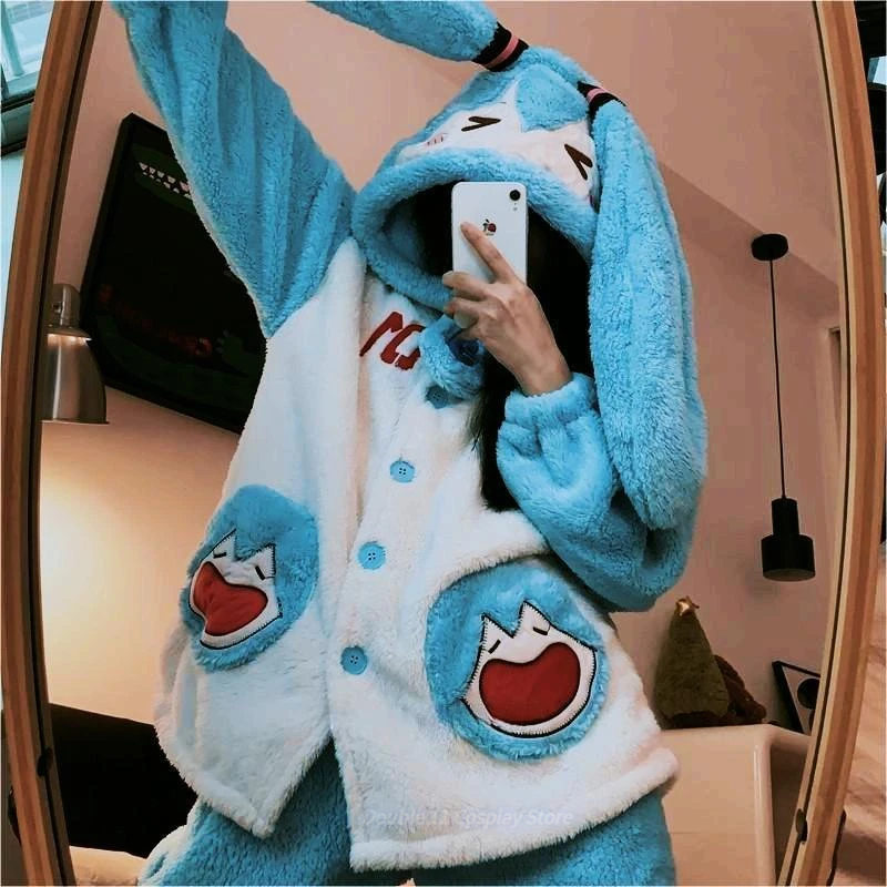 

Anime Vocaloid Lolita Cosplay Costume Coral Velvet Pajamas Kawaii Winter Warm Home Clothes Hooded Night Robe Pants Set Halloween