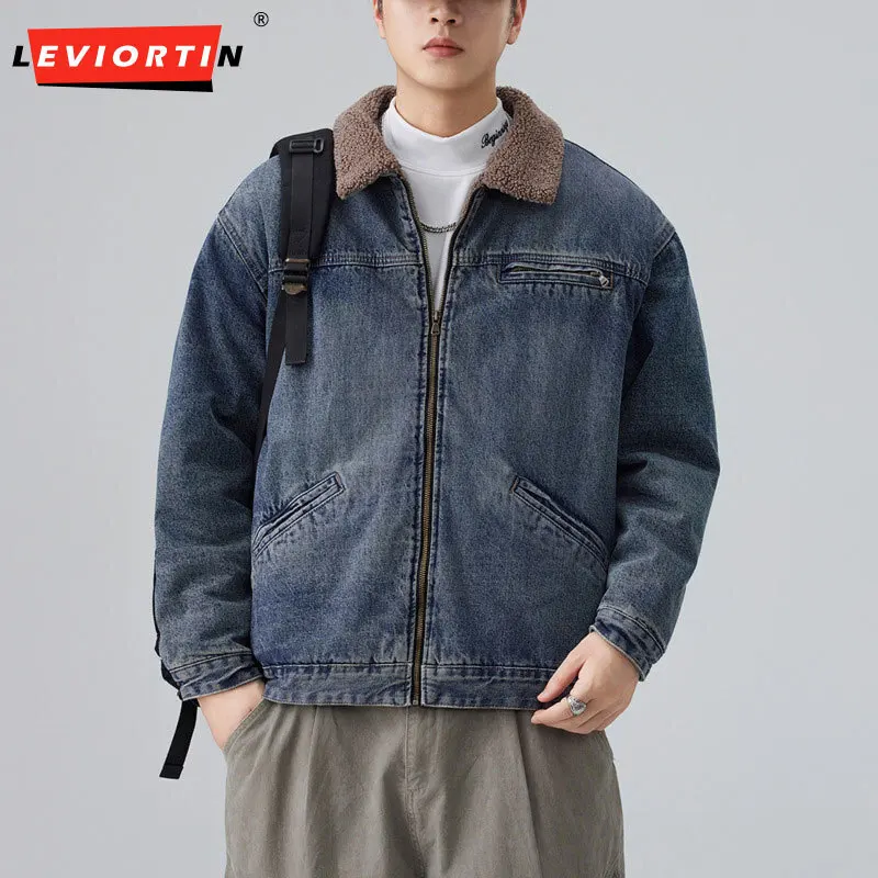 

autumn and winter men's youth popular style with thick fleece jacket, high-end lamb fleece splicing collar design cotton jacket