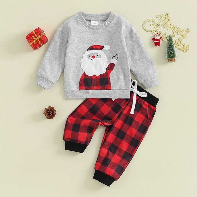 Ensemble de vacances 2 pièces pour bébé, sweat-shirt festif design Père Noël, tenue Fj-AdTosBaby à carreaux