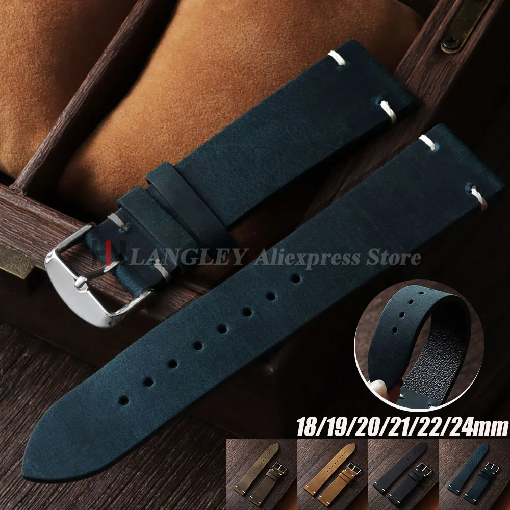 18mm 19mm 20mm 21mm 22mm 24mm Vintage Oil Wax Watch Band for Seiko Cowhide Watch Strap Men Women Crazy Horse Leather Wrist Bands