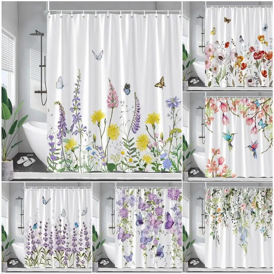 

Floral Shower Curtain Butterfly Lavender Tulip Flowers Hummingbird Eucalyptus Leaves Watercolour Plant Bathroom Curtains Decor