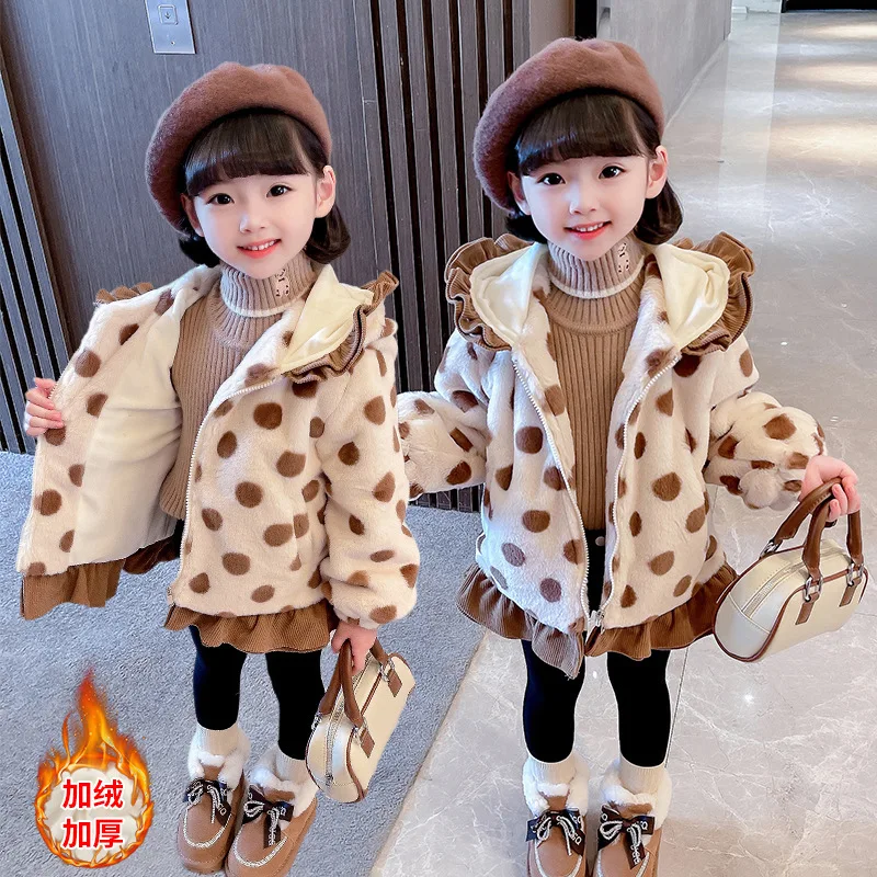 

Winter Jacket Kids Girl Parkas Hooded Lamb Wool Coat For Girls Children Polka Dot Faux Fur Coats Cute Warm Kids Jacket Overcoat