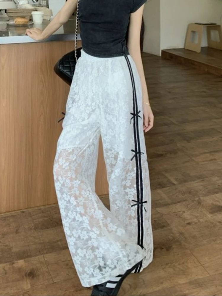 

Sweet Bow Lace Pants Women High Waist Fashion Sexy See Through Stripe Trousers Summer Hollow Out Loose Floral Wide Leg Pant Chic