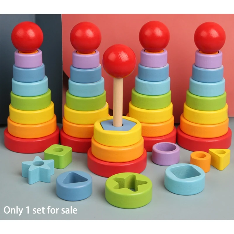 Wooden Rainbow Tower Toys Geometric Stacking Cup Color Rainbow Stacking Ring Tower Toys For Kids