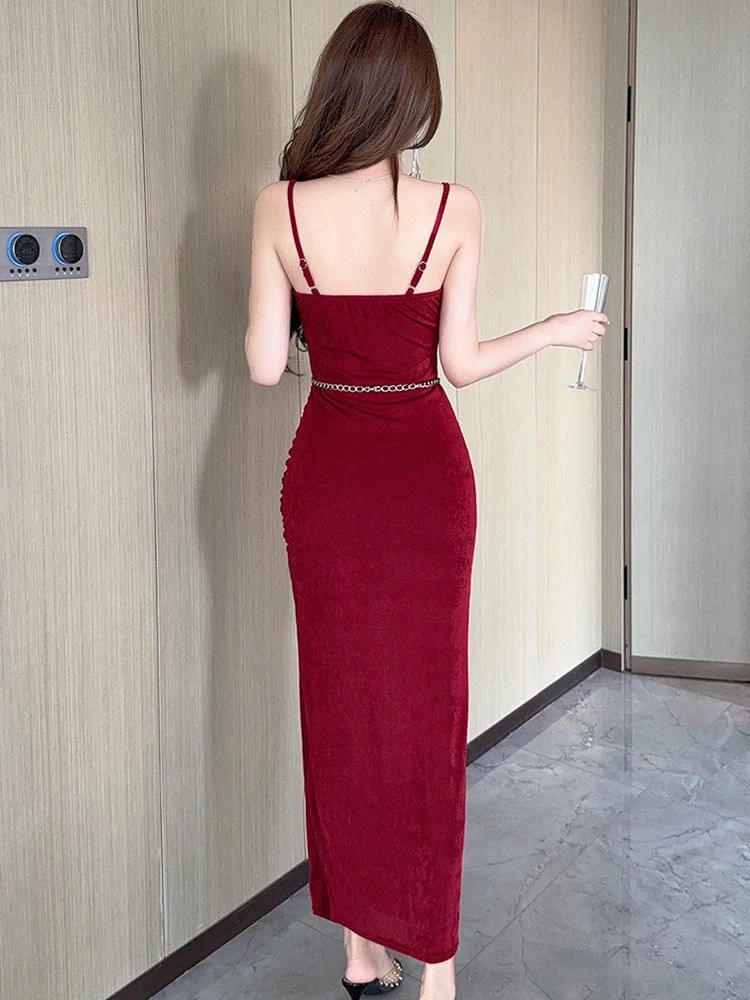 Verão vermelho malha corrente bandagem vestido longo feminino bodycon sexy estilingue vestido 2025 coreano vintage luxo festival festa vestido de noite