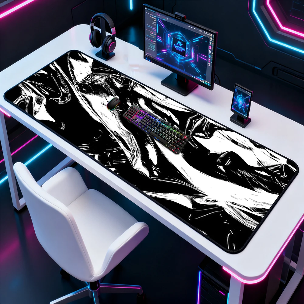 Monochrome Liquid Mouse Pad Deskmat Gaming 140x60 Mousemat Black White Abstract Playmat Full Desk Pad Texture Keyboard Mat Mat