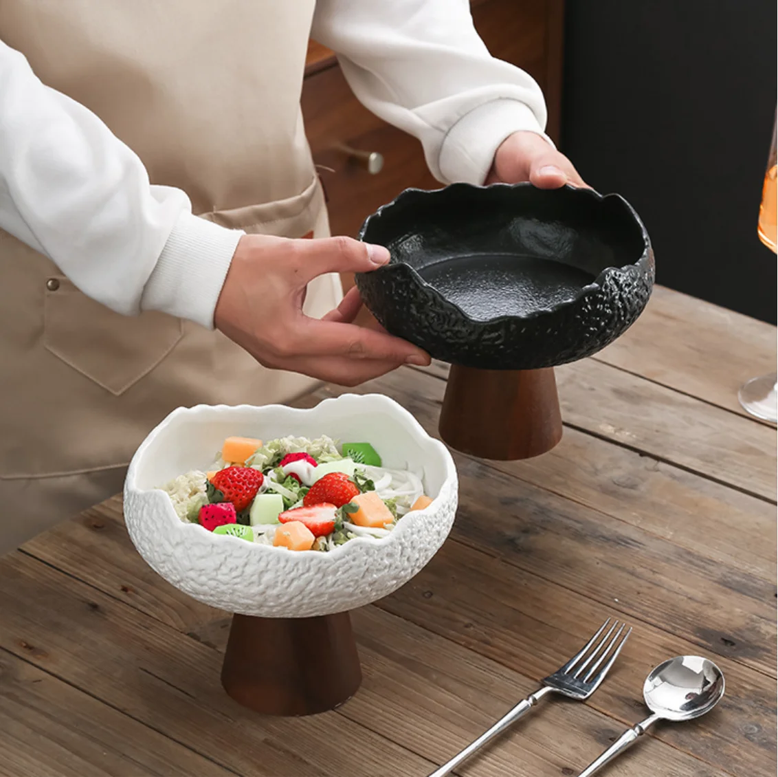 Creative luxury ceramic carving plant pattern fruit salad cold dish high foot plate western food special-shaped plate high-end