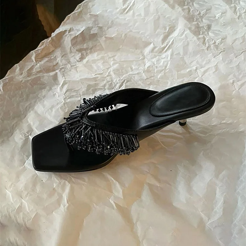 Dave&Di French Fashion Ladies Sandals Middle Summer Heel Slipper Sandals Women Mules Vintage Tassel Elegant Ladies