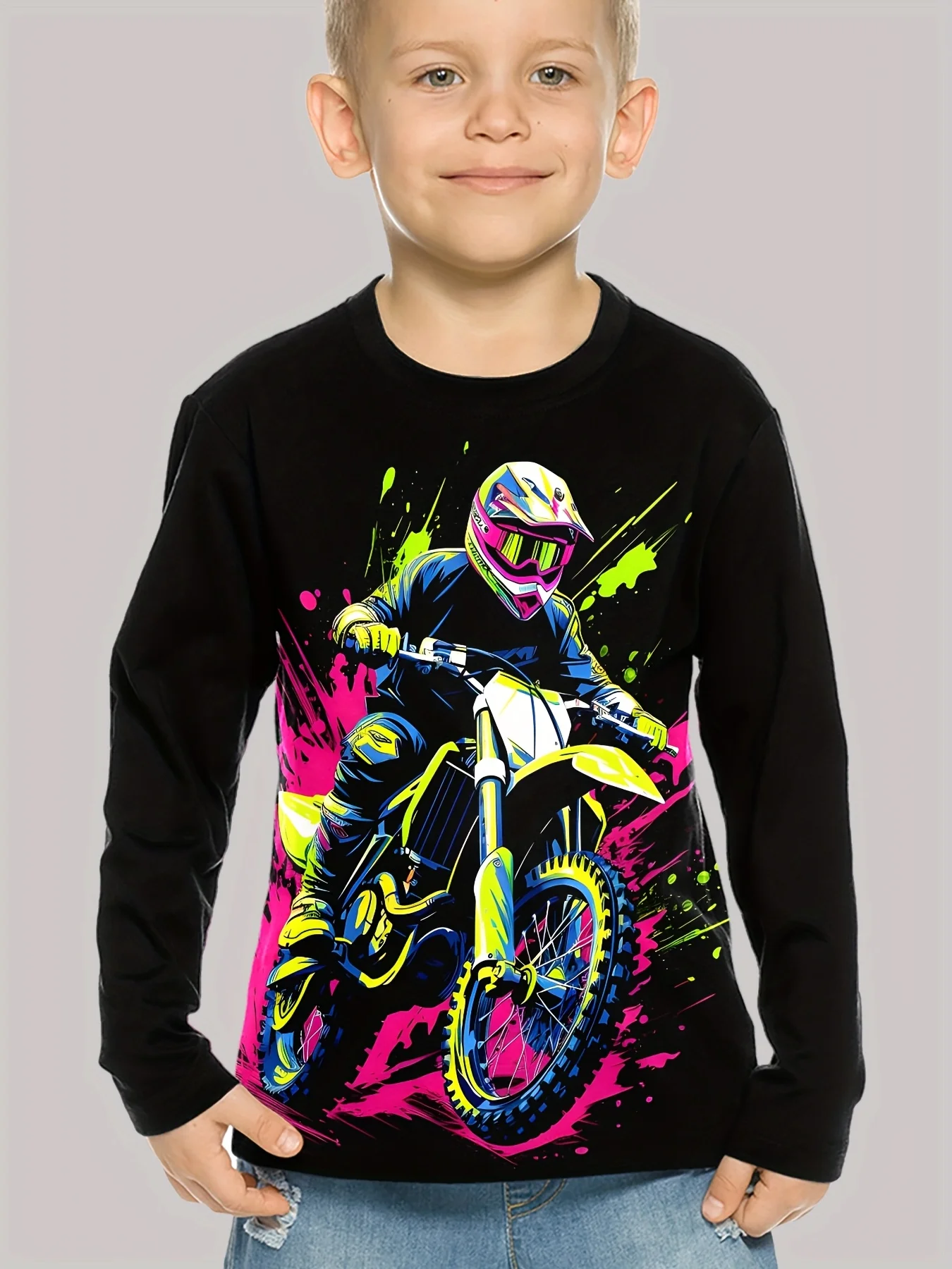 Kinderkleidung Jungen T-Shirt Langarm 3D Modisch Dirt Bike Grafik Kinder Ganzjahreskleidung Lässige Alltagspullover Tops – Detail 9