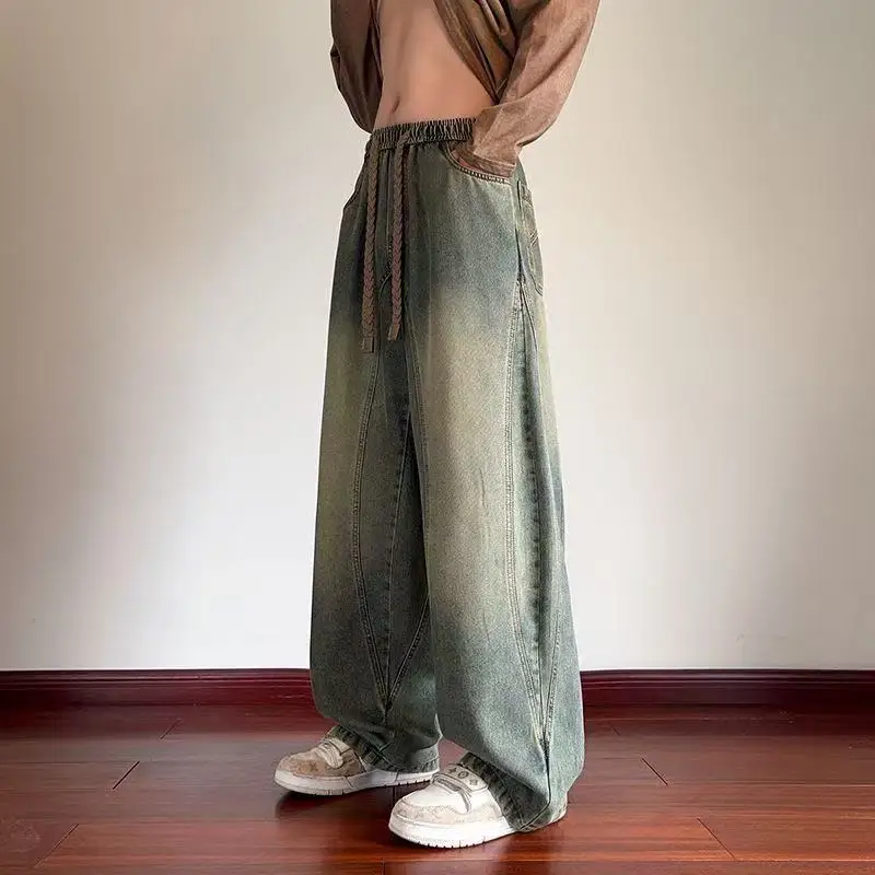 

Cleanfit American High Street Vintage Waed Patchwork Men's Jeans Loose Straight Leg Long Trousers Casual Comfortable Denim