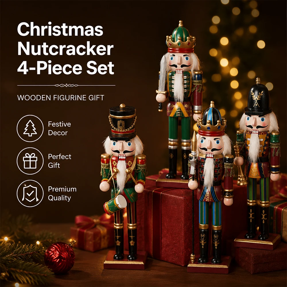 4PCS 30CM Christmas Nutcracker Wooden Nutcracker Ornament Soldier Figure Handcraft Doll Toy Home Office Desktop Decoration Gift