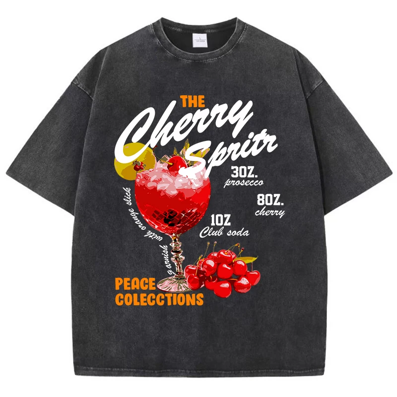 Vintage Womans Acid Wash T-Shirts The Cherry Sprits Printed Tops Oversize Comfortable Cotton Tee Shirts Casual Female Clothes