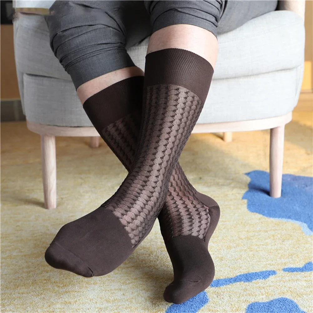 1 Pair Fashion Men's Wave Textured Formal Dress Silk Socks Sexy Translucent Stockings Work Business Casual Man Stocking