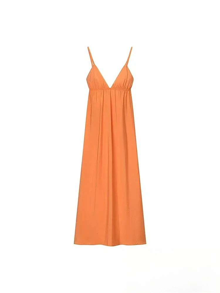 KONDALA Abito da donna arancione sexy chic Solido scollo a V profondo Backless Bow Cami Dress Abito da spiaggia per feste estive di nuova moda