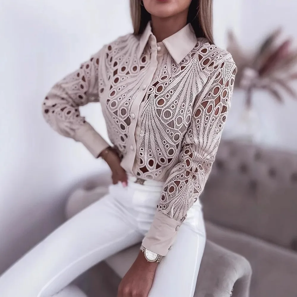 New Fashion Lace Hollow Long Sleeve Shirt For Women 2025 Spring Autumn Elegant Office Lady Blouse And Tops Casual Button Shirts