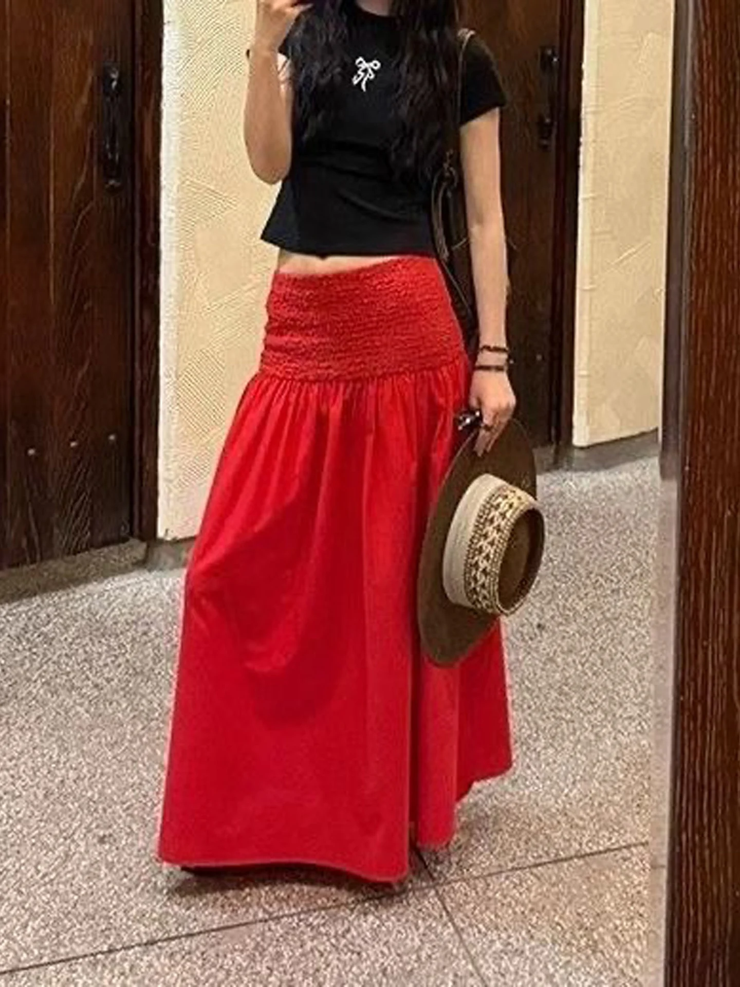 Red Oversized A-Line Skirt Women's Fashionable Loose Slimming Long Skirt Spring Autumn New Design Sensation Half-length Skirt
