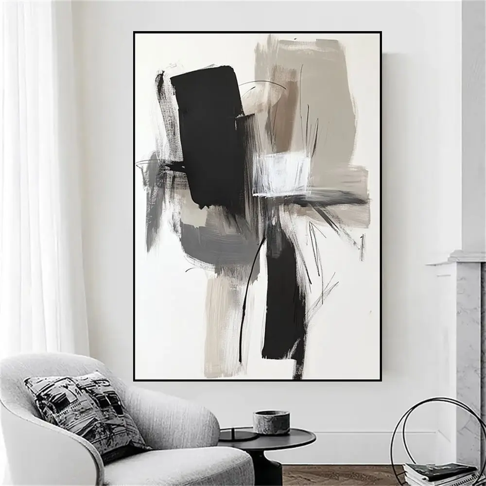 Modern Black-White Abstract Pure Hand Drawn Abstract Oil Painting On Canvas Living Room Bedroom Home Decoration Texture Wall Art