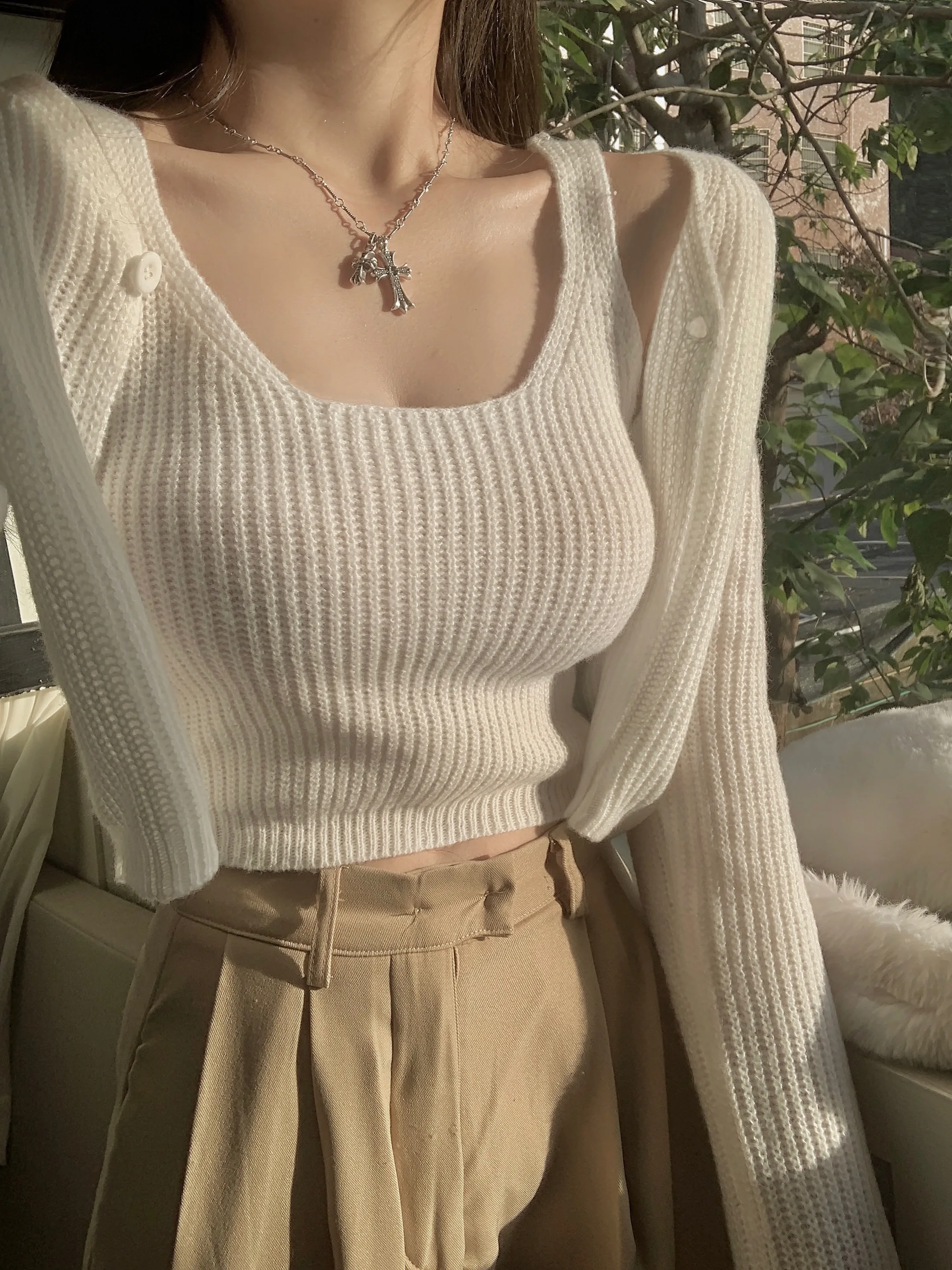 KUSAHIKI Korean Slim Short Knitted Cardigan Top Sets Women Autumn Spicy Girl Sexy Sling Vest Gray Two Pieces 2023 New