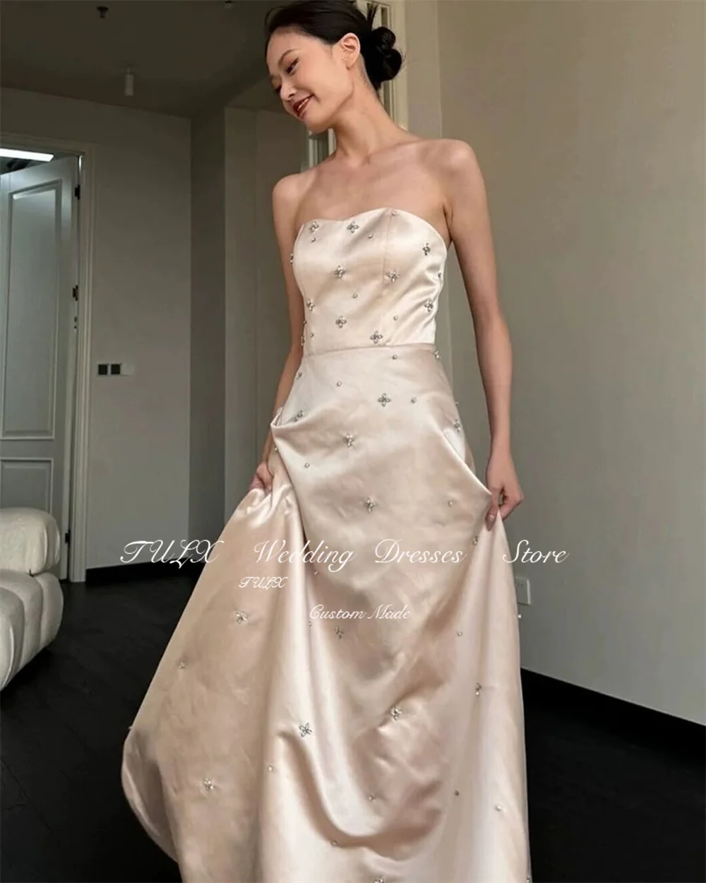 TULX Princess Satin Diamond Wedding Dress Korea Photo Shoot Sweetheart A line Floor Length Bridal Party Dress Corset Customized