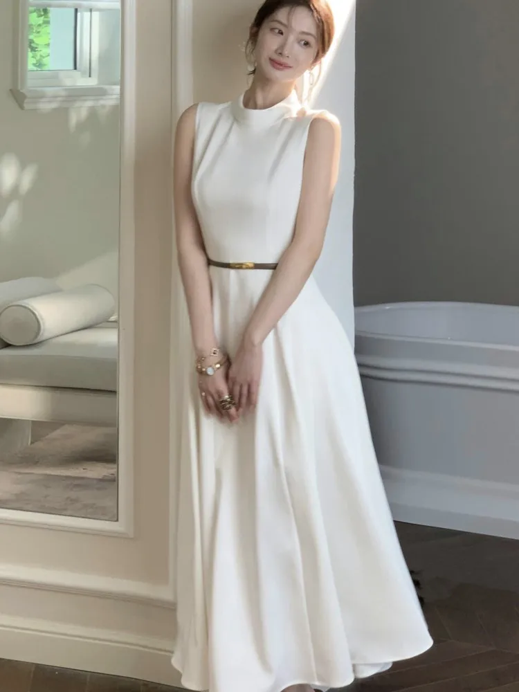 

Women's Elegant Solid Prom Long Evening Dresses Vintage Chic A-Line Sleeveless White Patchwork Party Dress French Vestidos Mujer