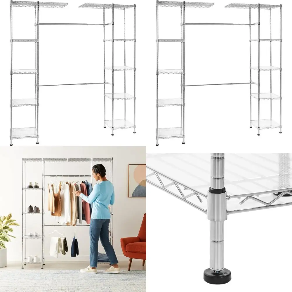 خزانة ملابس معلقة معدنية قابلة للتوسيع وقابلة للتعديل مع أرفف، 57-80 × 14 × 72 بوصة (طول × عرض × ارتفاع)، كروم #1