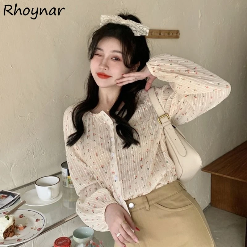 Long Lantern Sleeve Floral Blouses Women Korean Fashion Streetwear Popular All-match Simple Summer Spicy Girls College Daily