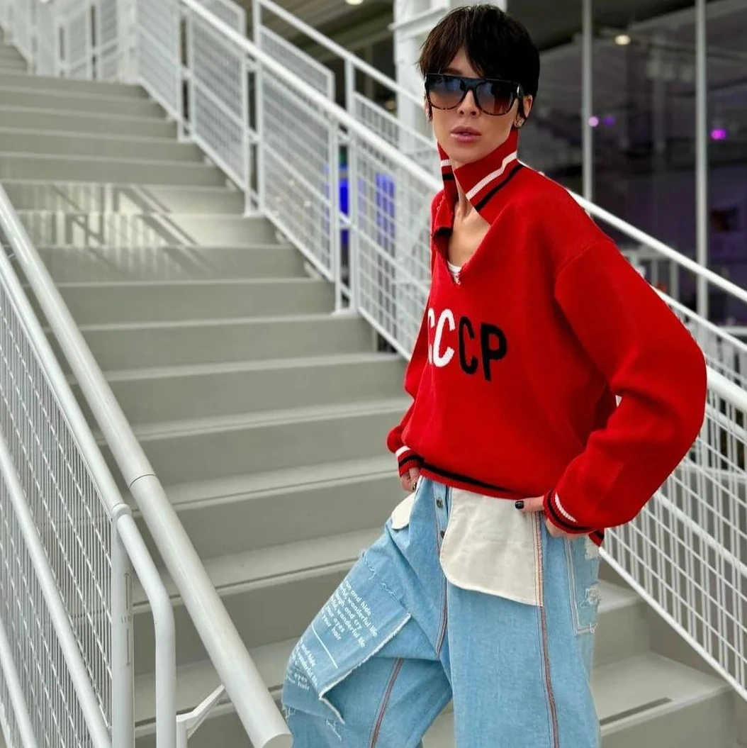 

New V-neck Sweater Women Contrast Letter Street Tops Loose Casual Pullovers Long-sleeved Knitted Women Sweater