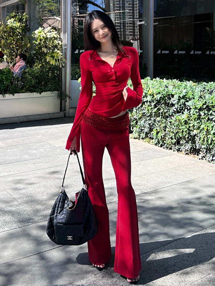 RORORIRI Retro Red Solid Top Pants Women Set V-neck Buttons T-shirt Frilly Elastic Waist Flare Long Trousers Casual Fall Clothes