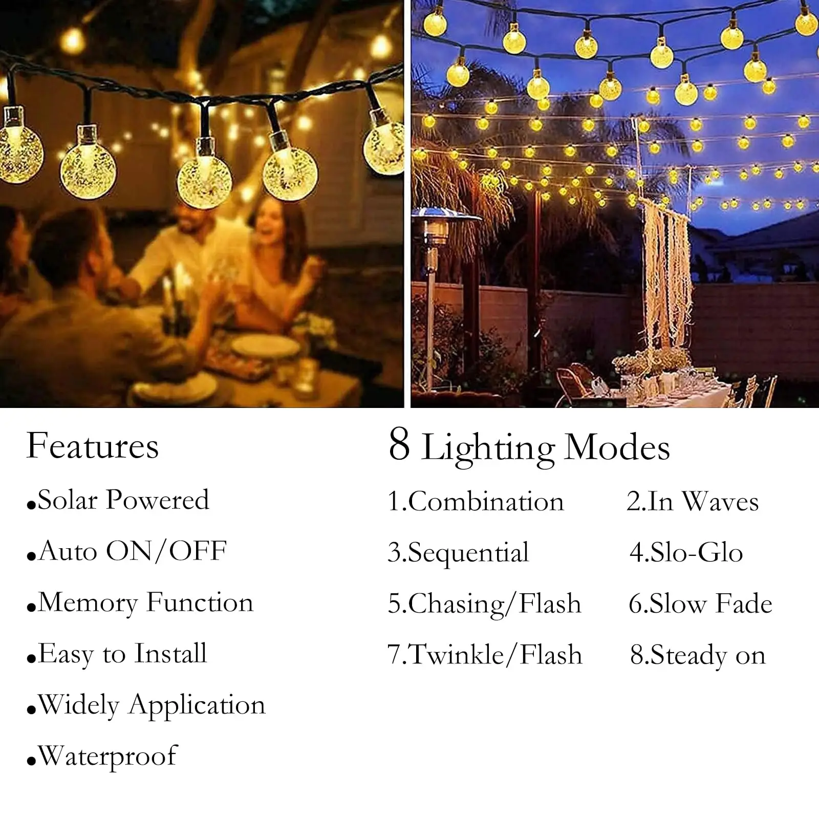 Outdoor Solar String Lights 20/50 LED Solar Powered Waterproof 8 Modes Crystal Ball Lights Solar Fairy Patio Lights for Garden