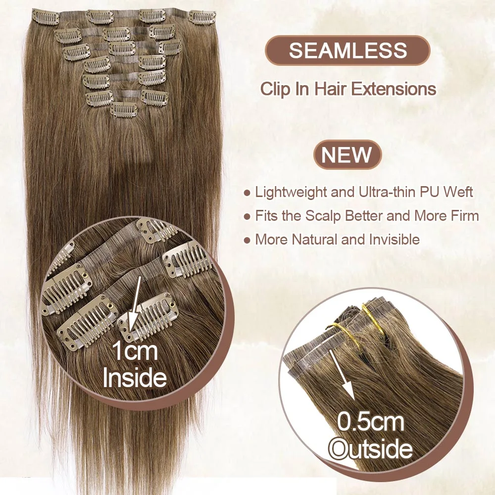 PU Seamless Clip In Hair Extensions Human Hair Natural Invisible PU Tape Clip In Human Hair Extensions Full Head For Women 120g