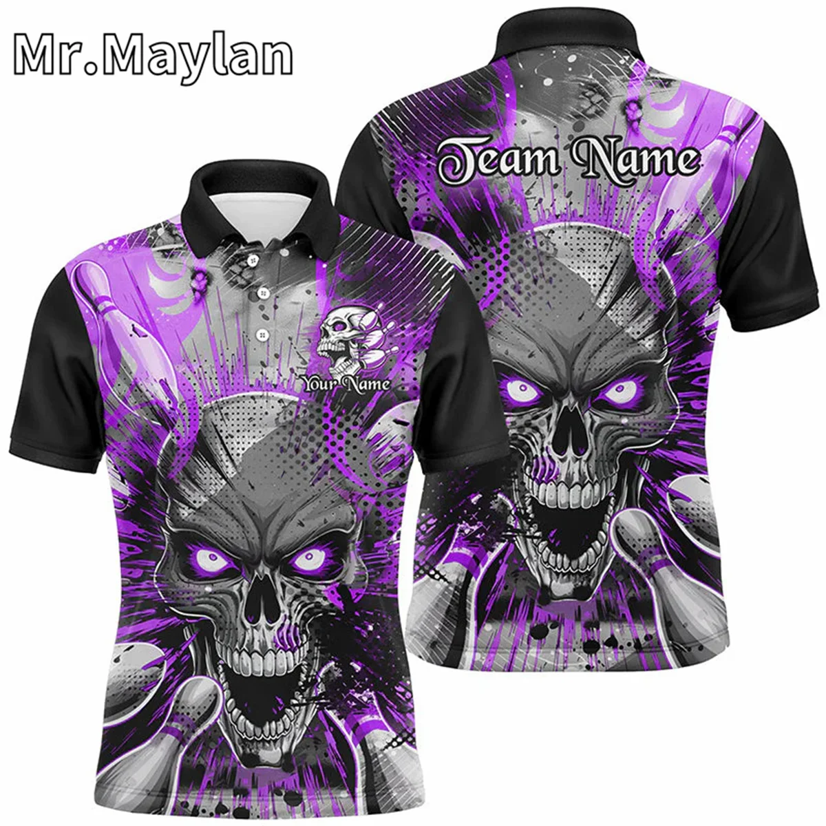 3D Custom Name Purple Short Sleeve Skull Bowling Polo Shirts For Men Halloween Bowling Team Jersey Gift for Bowling Lovers Tops