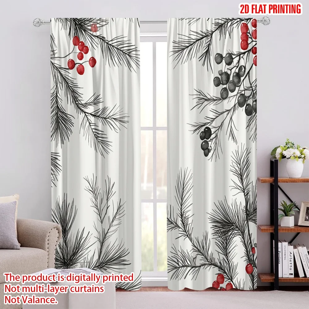 2pcs,2D plane printing Curtains Christmas Pine Berry Branches Versatile Durable Polyester (without rod) Gifts for Bedroom and
