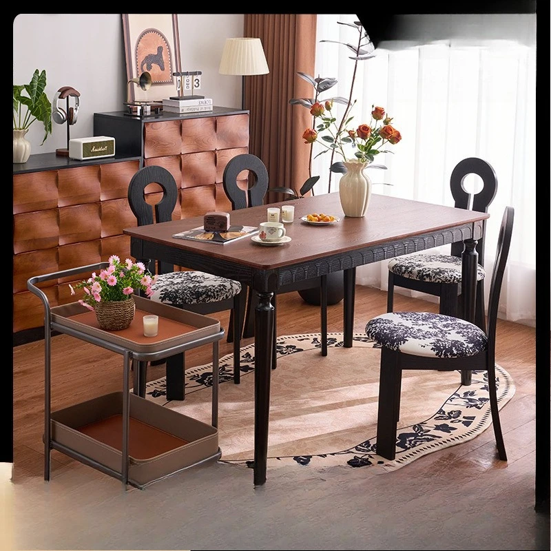 

French retro solid wood dining table and chair bench combination home dining room rectangular dining table American medieval sof