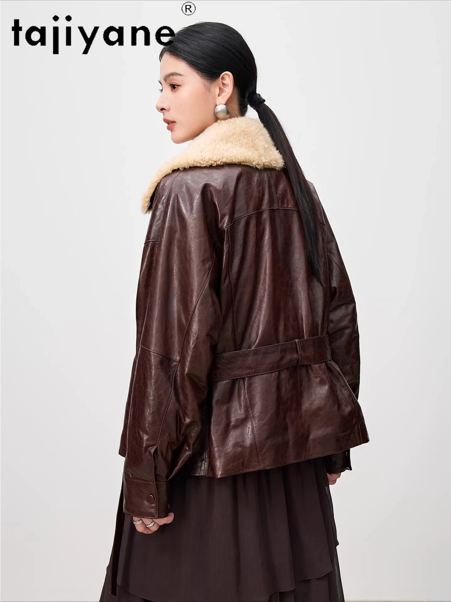 TAJIYANE 리얼 양가죽 구스다운 코트 여성용 울 칼라 패딩 재킷 진짜 가죽 재킷 여성용 2025 여성 의류