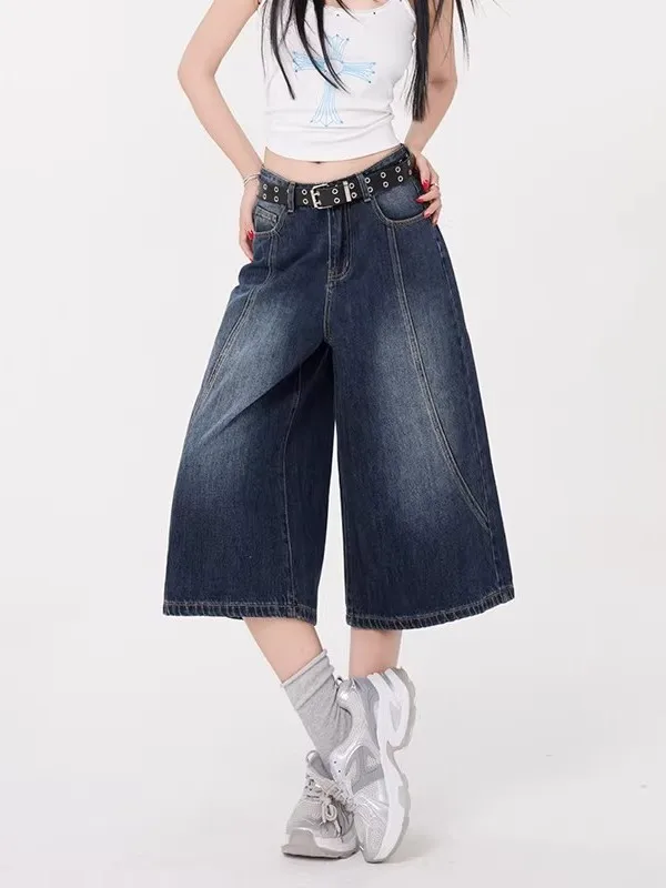 

plus Size American Style Seven-Foot Wide Leg Denim Shorts Women Summer Thin Straight Cut Mid-Pants Fat MM High Waist Jeans