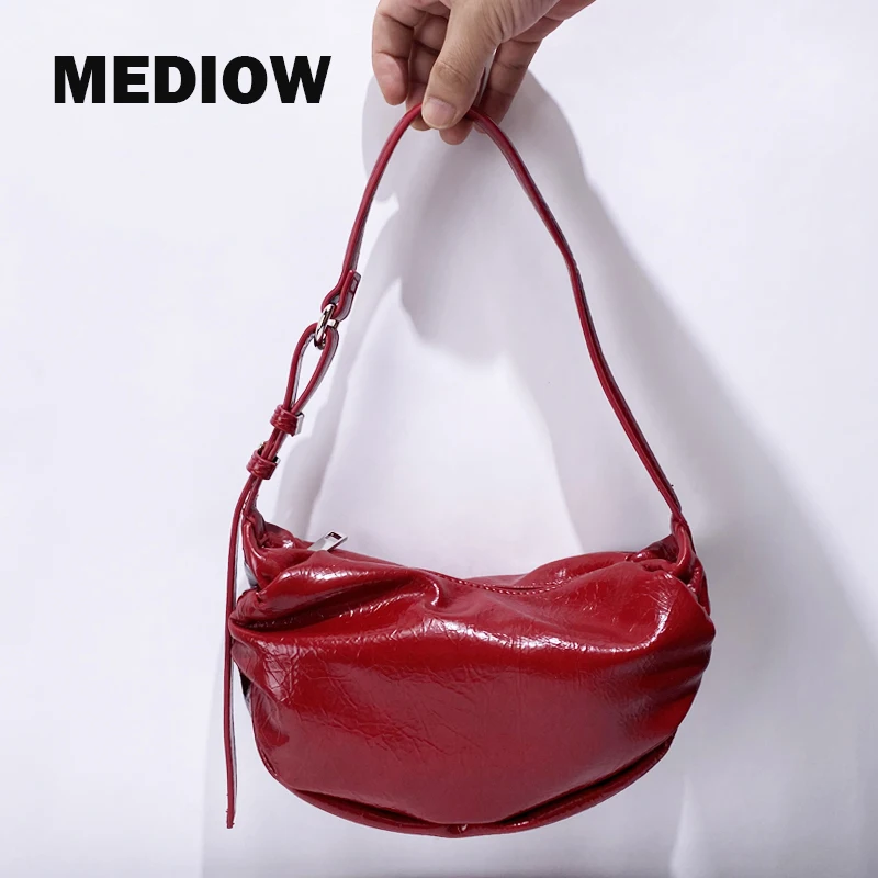 

MEDIOW Half Moon Bags For Women Luxury Designer Handbag And Purses 2024 New In PU Oil Wax Leather Ruched Small Underarm Shoulder